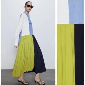 Zara Artsy Pleated Colorblock Midi Dress Extra Small Multicolor Womens New NWT